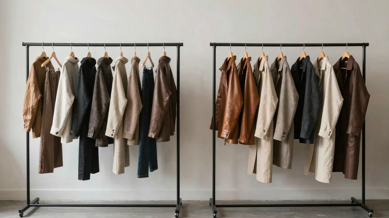 Wide studio view of a garment rack with neutral textile and leather garments, soft even light, clear negative space, 50m