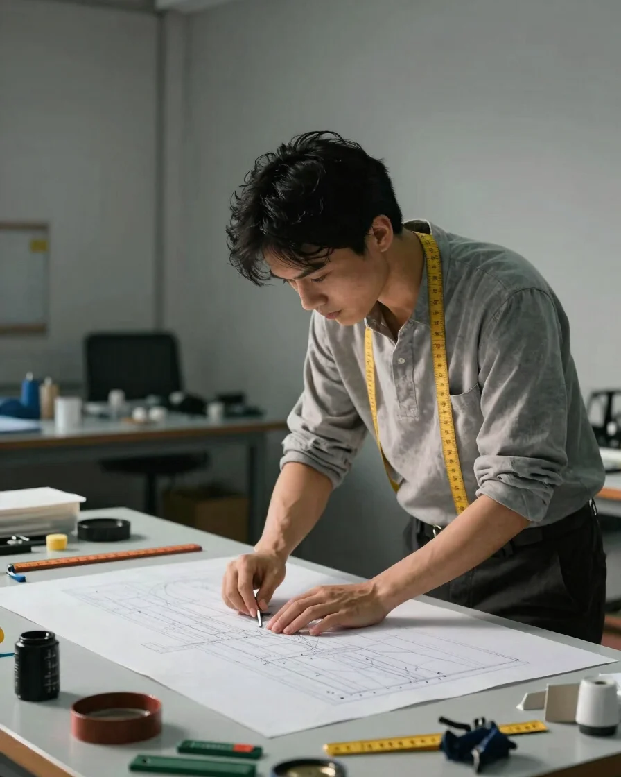 Editorial photograph of a garment technician reviewing a pattern on a worktable with measuring tools, soft directional a