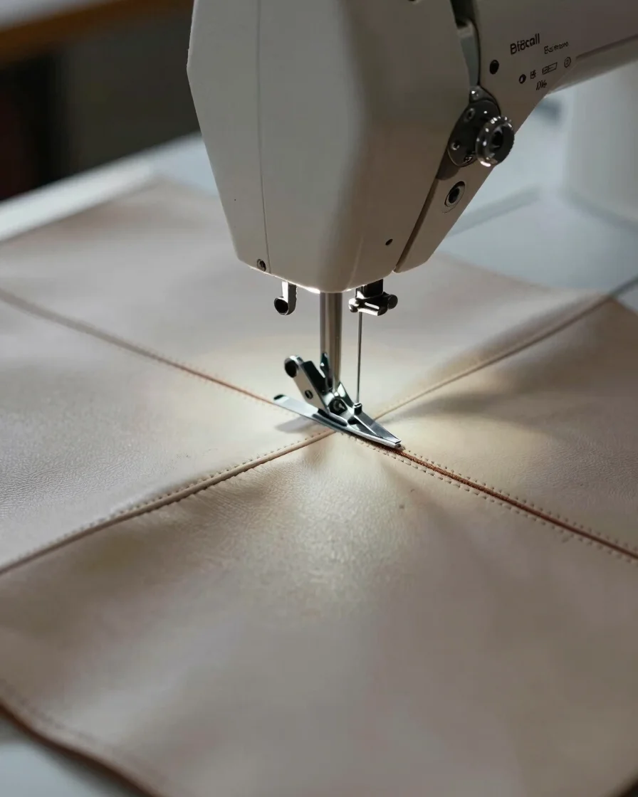 Editorial manufacturing photograph of a sewing station with a lea