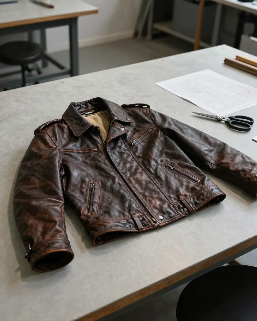 Editorial manufacturing photograph of a tailored leather jacket o
