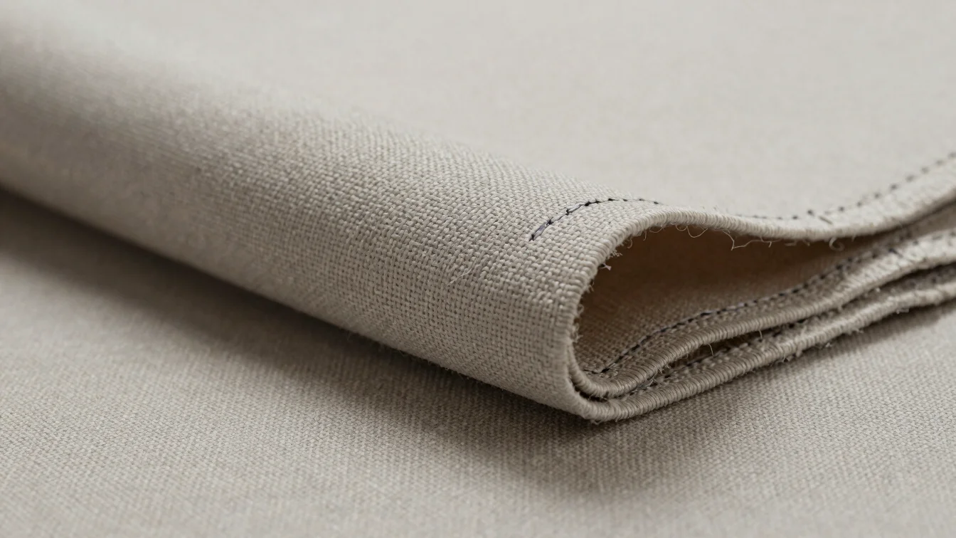 Close studio detail of folded woven fabric with visible seam stitching, soft directional light, muted neutral tones, 50m