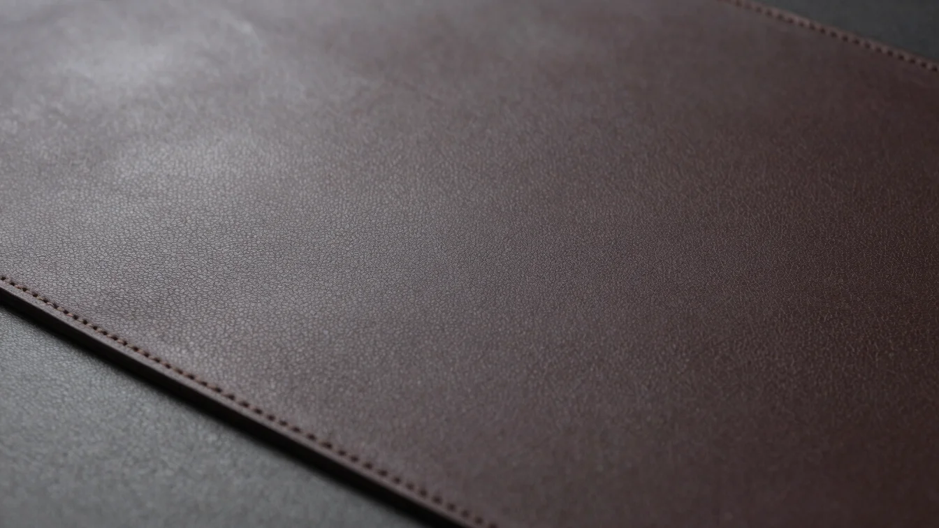 Close studio detail of a leather garment panel showing grain texture and edge stitching, soft side light, muted tones, 5